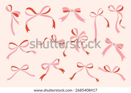 Collection of decorative ribbon bows. Cute flat vector illustration in pink and red colors for celebration, gift, and festive design.