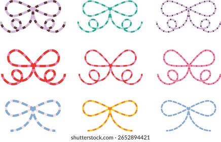 A collection of decorative ribbon bows in various colors and styles. Ideal for greeting cards, scrapbooking, gift design, stickers, textile patterns, and festive illustrations.

