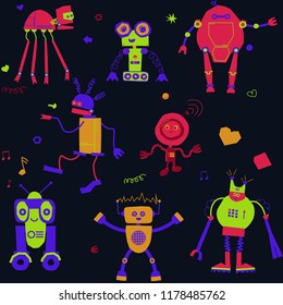 Collection of decorative robots for children. Pattern.