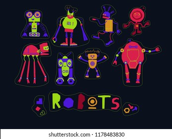 Collection of decorative robots for children. Separate stickers.