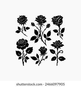 A collection of decorative roses with foliage. Silhouette of flowers