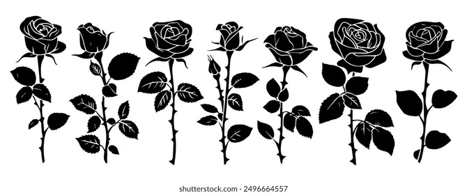 Collection of decorative roses with leaves, depicted as black silhouette vector icons.