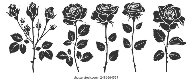 Collection of decorative roses with leaves, depicted as black silhouette vector icons.