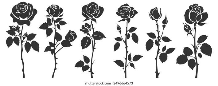 Collection of decorative roses with leaves, depicted as black silhouette vector icons.