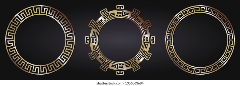 Collection of decorative round frames for design with floral Chinese ornament and meander. Circle frame. Template for cards, invitations, books, for textiles, engraving, wooden furniture, forging, etc