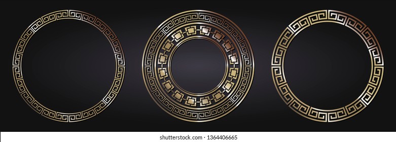 Collection of decorative round frames for design with floral Chinese ornament and meander. Circle frame. Template for cards, invitations, books, for textiles, engraving, wooden furniture, forging, etc