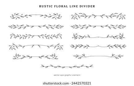 collection of decorative rustic floral line divider for page layout separator vector decoration element, rustic leaf branch line divider