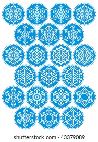 Collection of decorative snowflakes of different forms on blue background. The elements of illustration or background for congratulations,  decorative texts etc.