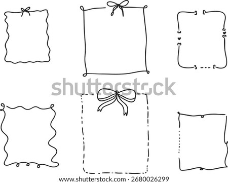 Collection of decorative square frames in hand-drawn style with bows, dots, and wavy borders. Ideal for invitations, scrapbooking, stationery, and creative design projects