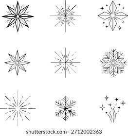 Colección de esteladas decorativas y Formas lineales de estrellas sobre un fondo blanco