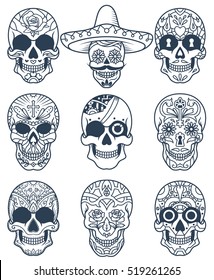 A collection of decorative sugar skull illustrations, great for Day of the Dead or printed on different products.