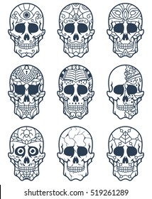 A collection of decorative sugar skull illustrations, great for Day of the Dead or printed on different products.