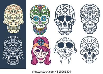 A collection of decorative sugar skull illustrations, great for Day of the Dead or printed on different products.