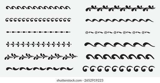 Collection of decorative swirl and wave border elements in black, featuring various flourishes, curls, and ornamental line patterns.