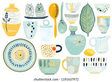 Colección de objetos decorativos de vajilla aislados en fondo blanco. Modernos utensilios de cocina o vajilla de cerámica - tazas, platos, tazones, hornillos. Ilustración vectorial en estilo plano, establecer objetos.