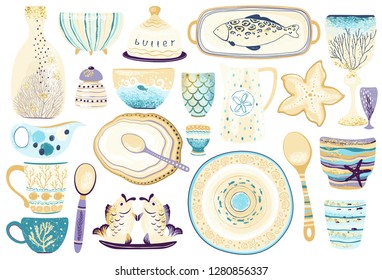 Collection of decorative tableware items isolated on white background. Vintage ceramic kitchen utensils or crockery - cups, dishes, bowls, pitchers. Vector illustration in flat sea style.