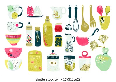 Colección de objetos decorativos de vajilla y especias sobre fondo blanco. Utensilios de cerámica retro o vajilla - tazas, platos, tazones, jarras. Cartel vectorial de plantilla en estilo plano, establecer objetos.