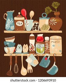 Collection of decorative tableware items and spices on kitchen shelf and on dark background. Retro ceramic utensils or crockery - cups, dishes, bowls, pitchers. Vector set objects.
