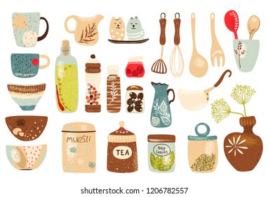 Collection of decorative tableware items and spices for kitchen. Retro ceramic utensils or crockery - cups, dishes, bowls, pitchers. Vector set objects, horizontal poster on white background.