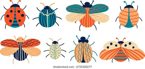 collection decorative trendy hand drawn garden bugs ladybug beetles folk art style vector illustration textile print modern web design