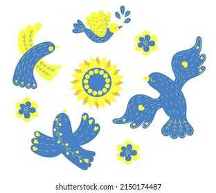 Collection of decorative Ukrainian birds. beautiful dove with branch, flowers and sunflowers. Yellow and blue colors of Ukrainian flag. Vector illustration. Separate elements for decor, design, print