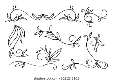 Collection of decorative vector elements designed as elegant swirls and curls, perfect for frames, borders, and ornaments, isolated on white.