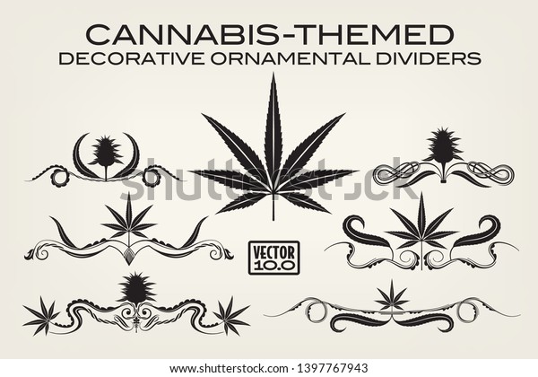 A collection of decorative\
vector fleuron divider ornaments with a cannabis or marijuana\
theme