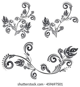 Collection of decorative vintage floral designs, black ornamental elements.