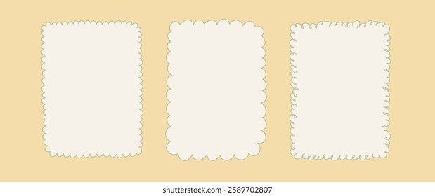 Collection of decorative whimsical frames in spring coquette style on a light yellow background. A4 card size. Vector hand drawn graphic set, isolated
