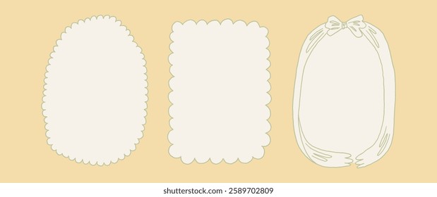 Collection of decorative whimsical frames in spring coquette style on a light yellow background. A4 card size. Vector hand drawn graphic set, isolated