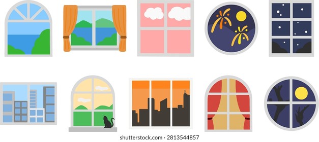 A collection of decorative window illustrations featuring various window styles and beautiful outdoor views. Perfect for home decor, architecture, interior design, planners, stickers, greeting cards, websites, apps, and commercial creative projects.