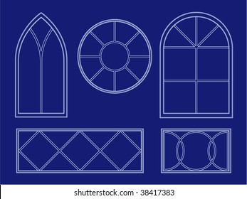 Collection of decorative windows in blueprint vector style