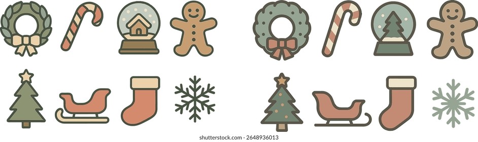 Uma coleção de ícones decorativos de férias de inverno mostra biscoitos de gengibre, flocos de neve, árvores de Natal e grinaldas festivas perfeitas para projetos temáticos de férias e artesanato.