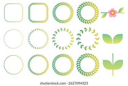 A collection of decorative wreaths and frames made of green leaves with gradient styles. Suitable for wedding invitations, nature-themed designs, eco-friendly branding, and elegant frames.
