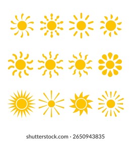 Collection of Decorative Yellow Sun Icons Vector Illustration. Set of decorative sun icons, each crafted in a unique style to bring a sense of warmth, energy and creativity.