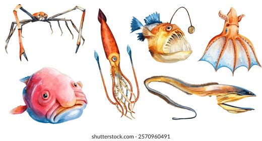 Collection of deep sea creatures painted in watercolor style illustration for ocean themed designs