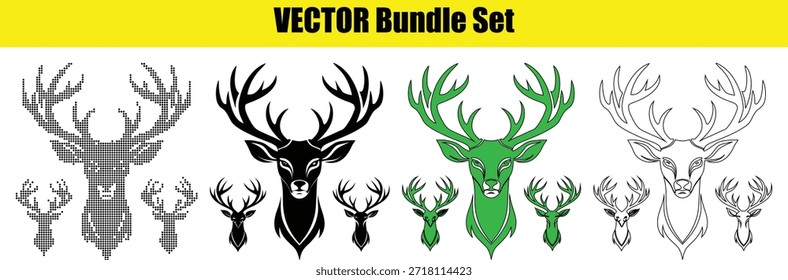 Collection of deer head and antler vector graphics in various styles and colors on white background
