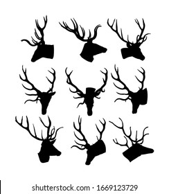 Collection of Deer head trophy with antlers vector silhouette isolated on white background. Reindeer, proud Noble Deer male. Powerful buck, symbol of male power. Hunter hunting wild animal.
