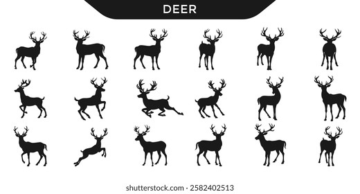 Collection of  deer silhouette illustrations of in various poses. Perfect for wildlife and nature-themed designs.