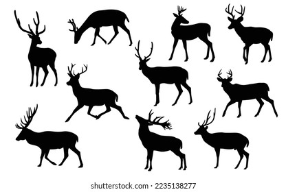 Collection of deer silhouettes - deer family. Deer in various poses. Male deer, vector illustration