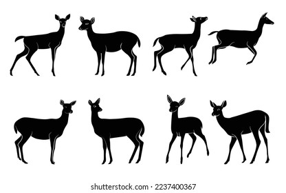 Collection of deer silhouettes - deer family. Deer in various poses. Female deer, vector illustration