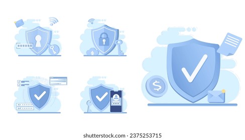 Colección de escenas del concepto de defensa. Big shield ofrece protección de datos, contraseña segura, clave de encriptación, cortafuegos, bloqueo de seguridad, datos confidenciales de ciberataques y amenazas. Ilustración vectorial.