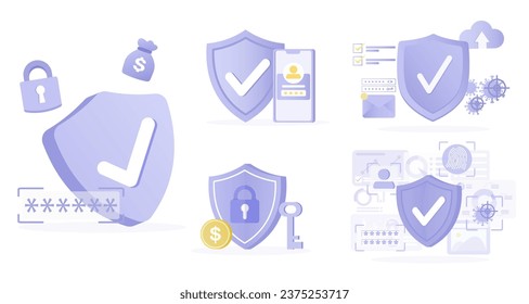 Colección de escenas del concepto de defensa y escudo. Proteja los detalles personales, la protección de cuentas, contraseña segura, sistema antivirus, bloqueo de seguridad. Establecer ilustración vectorial.