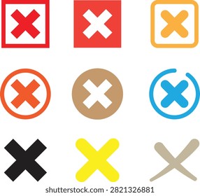 Collection of delete cross symbols and cancel signs, warning and decline buttons, flat illustration set.