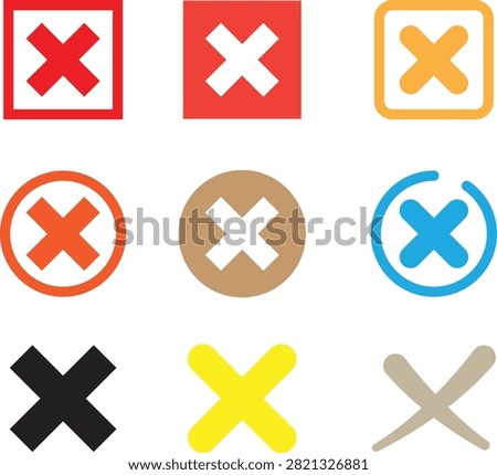 Collection of delete cross symbols and cancel signs, warning and decline buttons, flat illustration set.