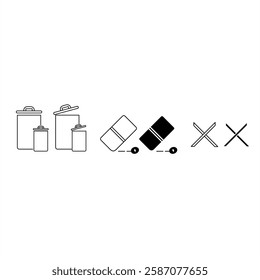 A collection of delete icons featuring trash bins, erasers, and "X" marks. Designed in both outline and solid styles, suitable for UI UX, file management, and data removal functions.

