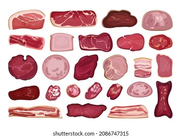 Collection of deli meats in a detailed style. Assortment of products and hams.