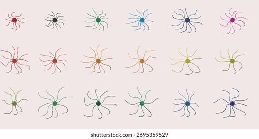 Coleção de delicadas ilustrações florais abstratas em várias cores pastel em um fundo rosa claro	