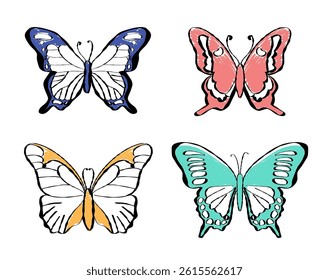 Collection of delicate butterflies illustrated in pencil and sketch style. Illustration elements for spring themes, invitations and greeting cards