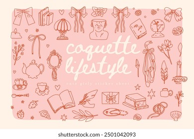 A collection of delicate coquette lifestyle elements. Hand drawn charming doodle coquette aesthetics. Vintage accessories, bows, ribbons and flowers on a soft pink background